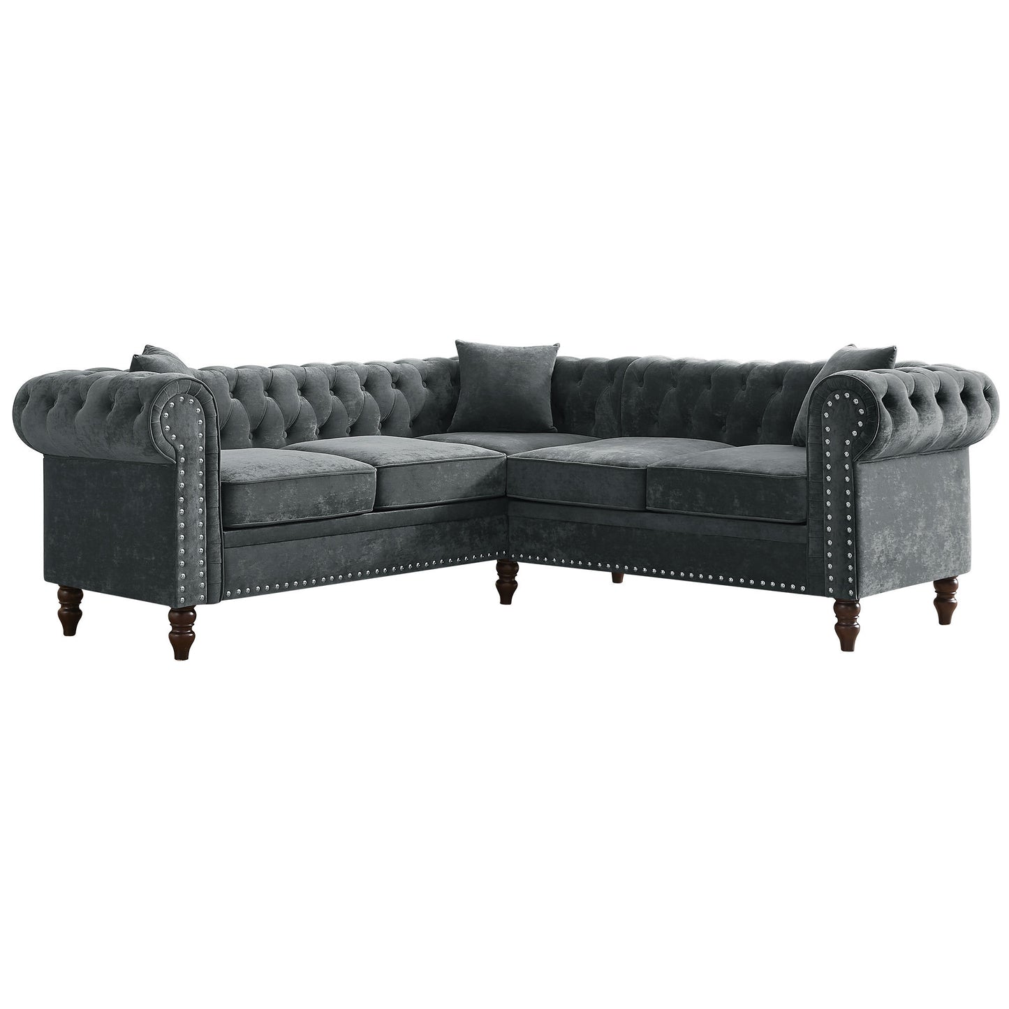 80" Deep Button Tufted Upholstered Roll Arm Luxury Classic Chesterfield L-shaped Sofa 3 Pillows Included, Solid Wood Gourd Legs, Grey velvet