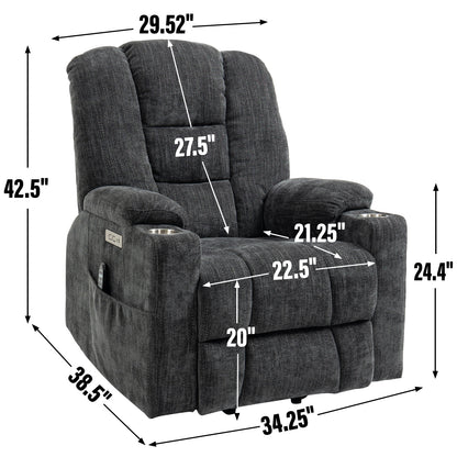 Large Power Lift Recliner Chair with Massage and Heat for Elderly, Overstuffed Wide Recliners, Heavy Duty Motion Mechanism with USB and Type C Ports, 2 Steel Cup Holders, Gray