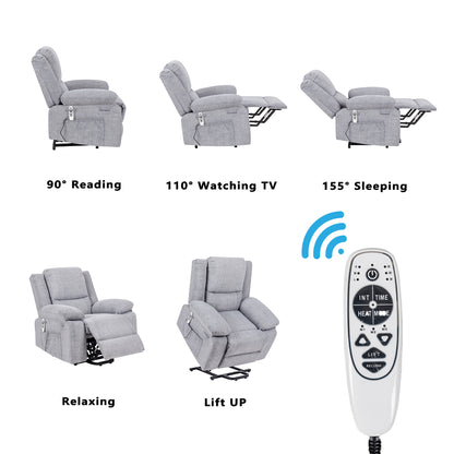 Electric Power Recliner Chair With Massage For Elderly,Remote Control Multi-function Lifting, Timing, Cushion Heating Chair With Side Pocket Light Grey