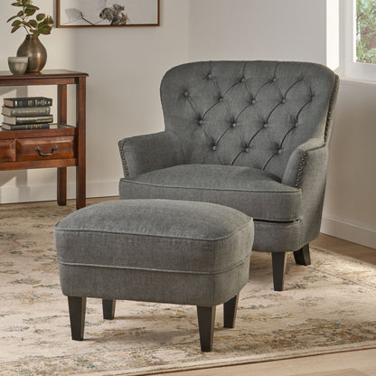 Contemporary Grey Fabric Club Chair and Ottoman Set, Stylish Upholstered Armchair with Matching Ottoman, Ideal for Modern Living Room Comfort and Style