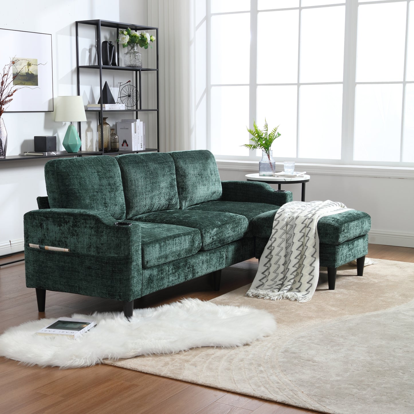 Sofa for three, solid wood frame, Chenille fabric, side pocket, with two cup holders, footstool with storagestorage sofa /Living room sofa cozy sectional sofa