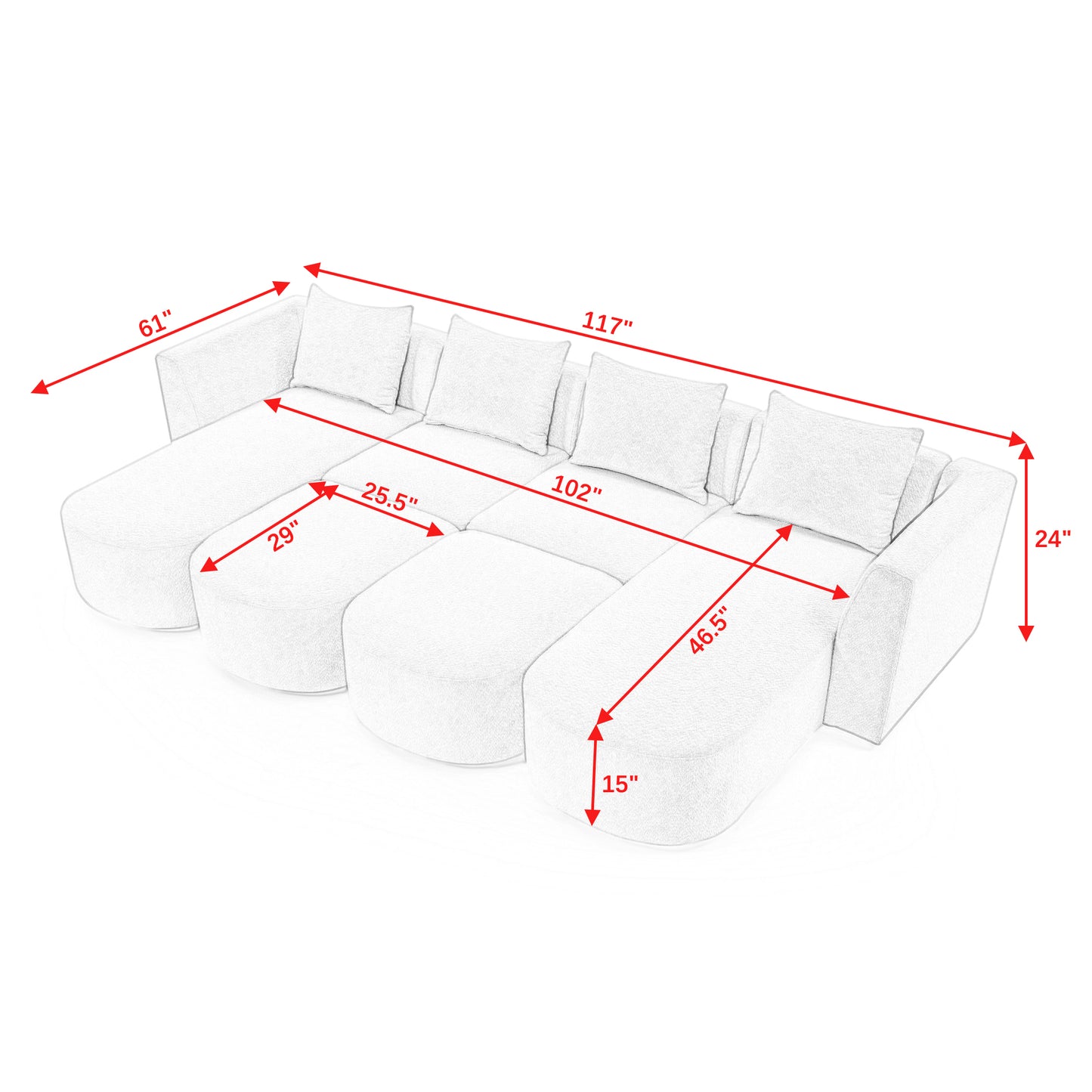 U Shape Sectional Sofa including Two Single Seat, Two Chaises and Two Ottomans, Modular Sofa, DIY Combination, Loop Yarn Fabric, Beige