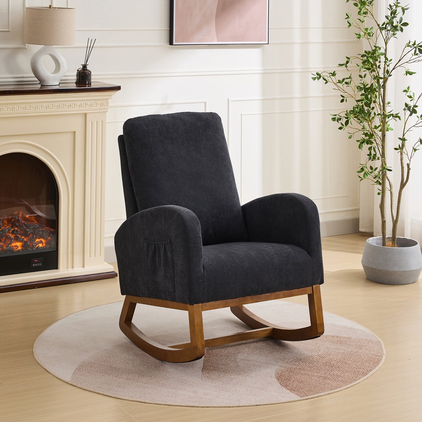 27.2"W Rocking Chair for Nursery, Polyester Glider Chair with High Back and Side Pocket, Rocking Accent Armchair with Rubber Wood Legs for Living Room/Bedroom.Black