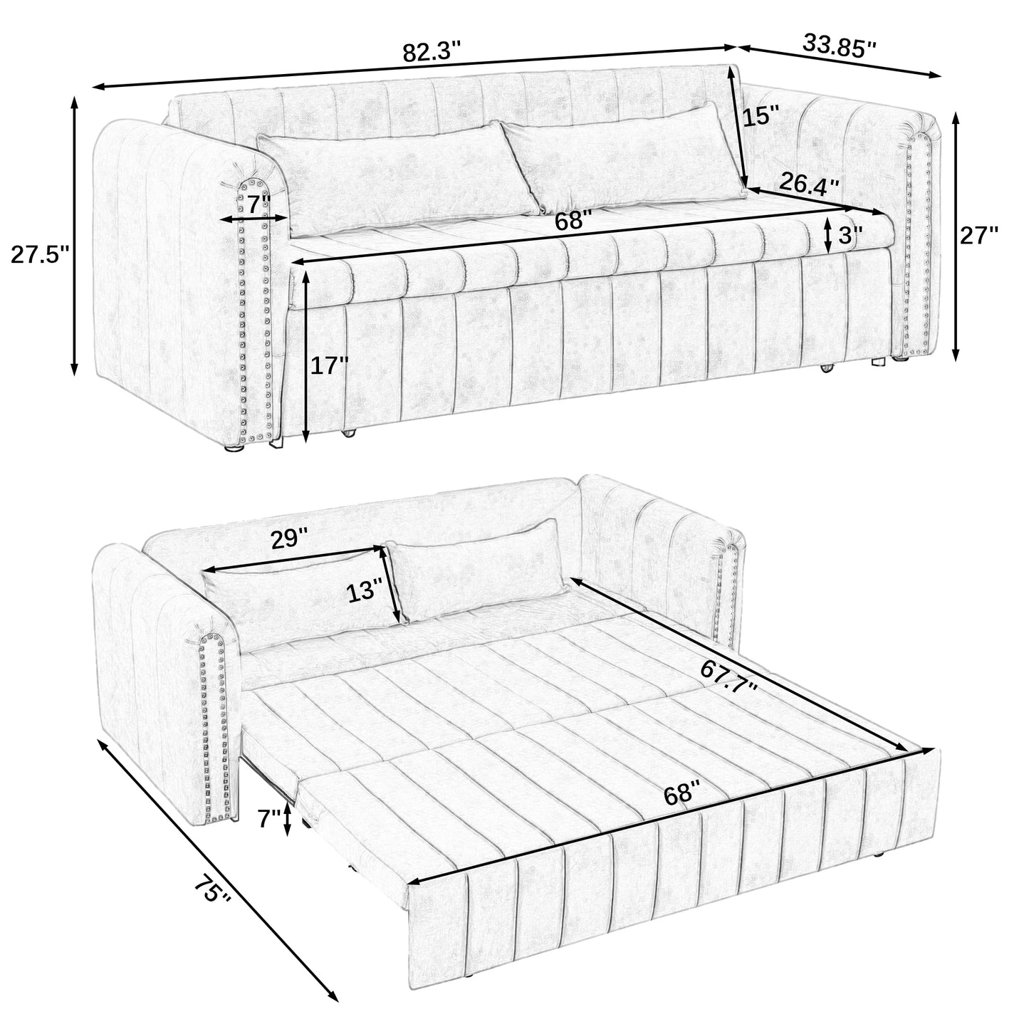 3 in 1 Pull-Out Bed Sleeper, Modern Upholstered 3 Seats Lounge Sofa & Couches with Rolled Arms Decorated with Copper Nails, Convertible Futon 3 Seats Sofabed with Two Drawers and Two Pillows