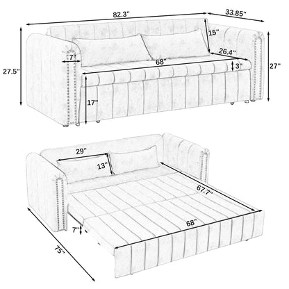 3 in 1 Pull-Out Bed Sleeper, Modern Upholstered 3 Seats Lounge Sofa & Couches with Rolled Arms Decorated with Copper Nails, Convertible Futon 3 Seats Sofabed with Two Drawers and Two Pillows