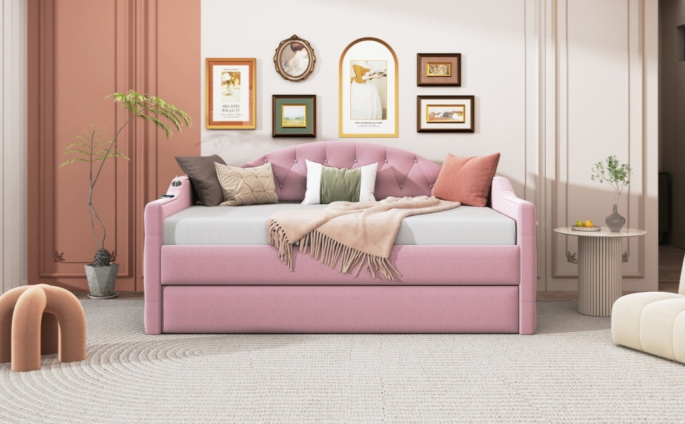 Size Tufted Upholstered Daybed with Trundle,Velvet Sofabed with USB&Type-C Charging Ports,No Box-spring Needed, Pink