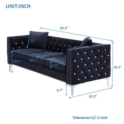 82.3" Width Modern Velvet Sofa Jeweled Buttons Tufted Square Arm Couch Black,2 Pillows Included