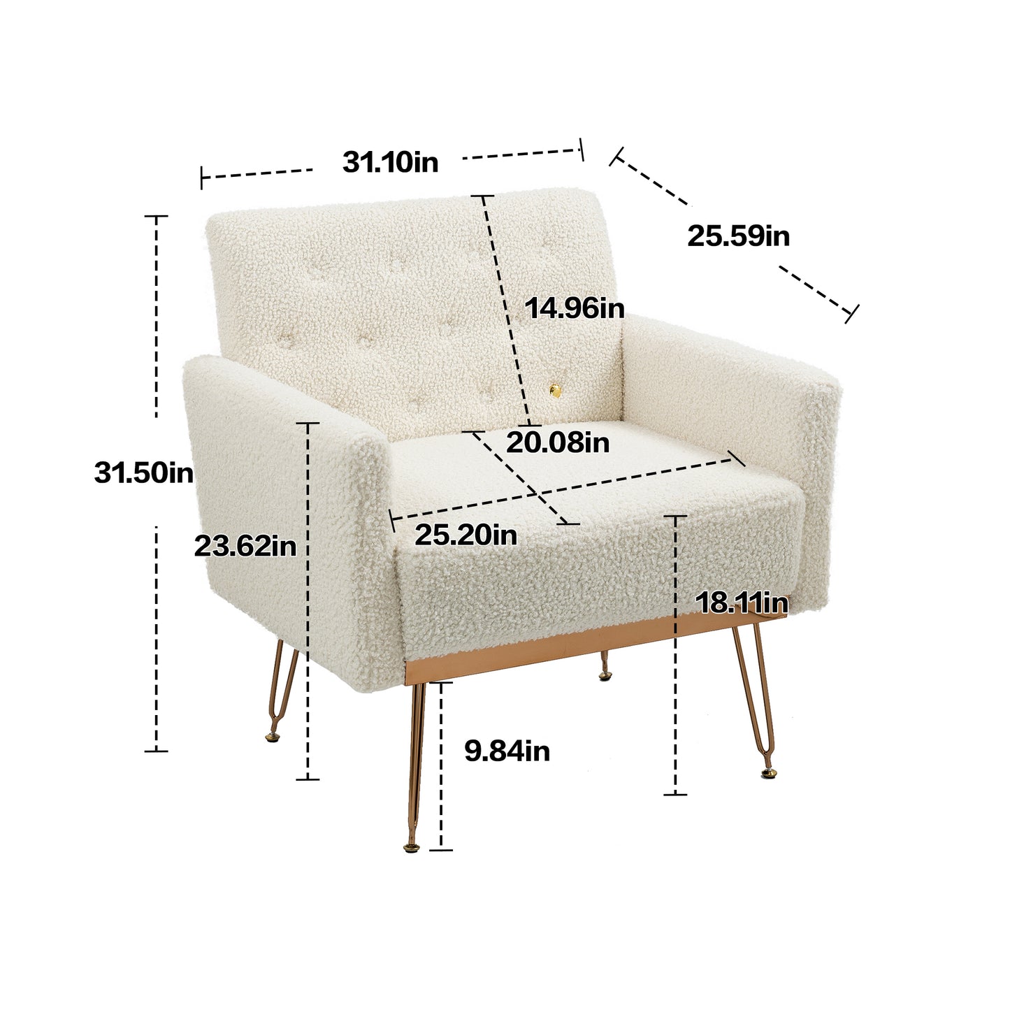 Armchair Single Sofa Modern Tufted Upholstered Side Reading Chairs with Arm and Gold Metal Leg for Living Room Bedroom