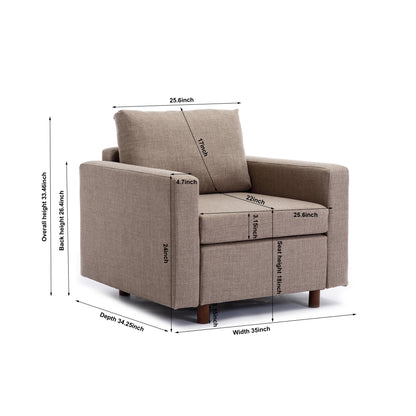 Single Seat Module Sofa Sectional Couch With Armrest With 1 Ottoman,Cushion Covers Non-removable and Non-Washable,Brown