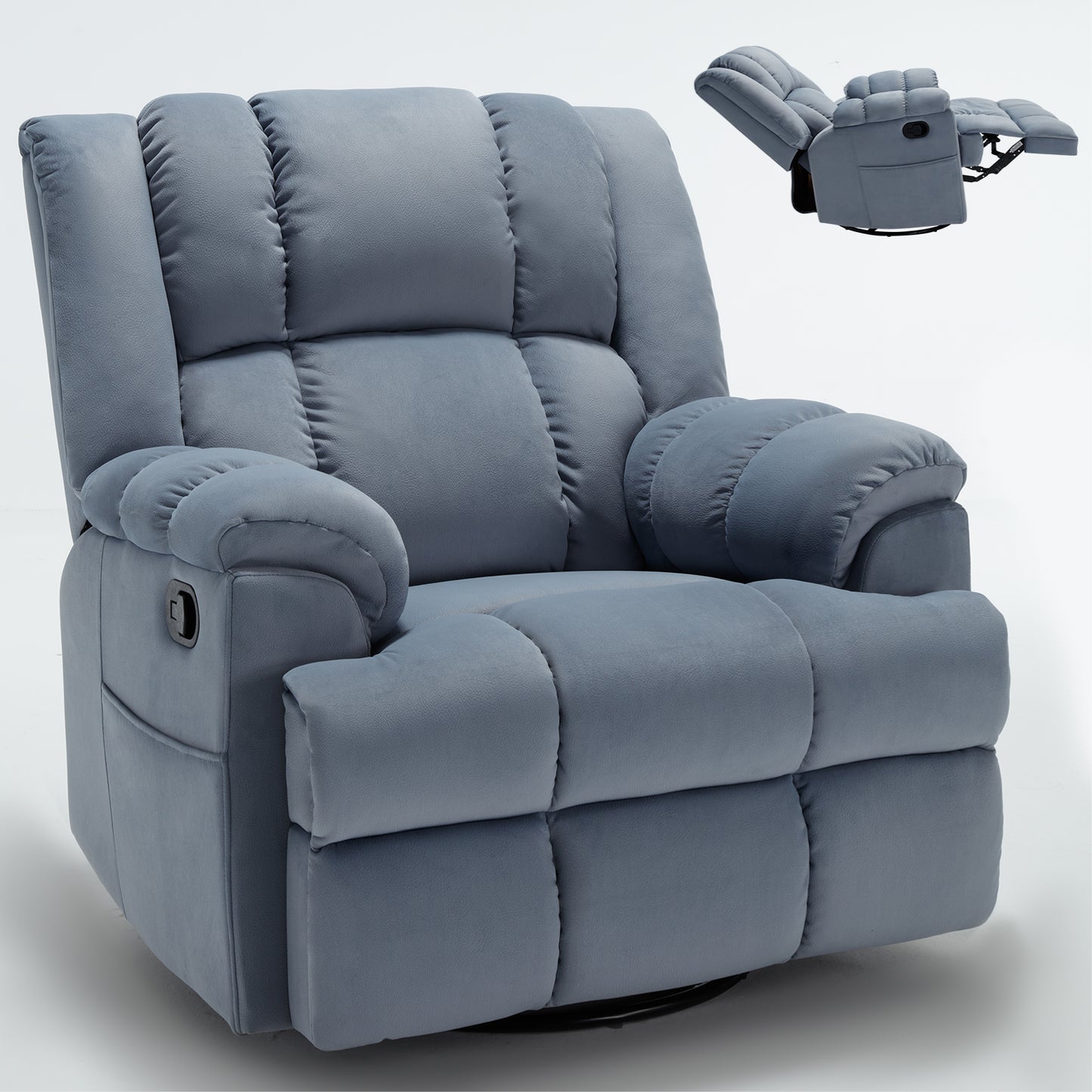 Manual Recliner Chair with Rocker and Swivel in Fabric for Living Room, Blue