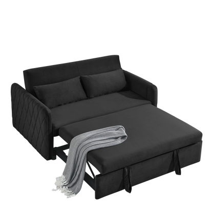 55" Modern Convertible Sofa Bed with 2 Detachable Arm Pockets, Velvet Loveseat Sofa with Pull Out Bed, 2 Pillows and Living Room Adjustable Backrest, Grid Design Armrests