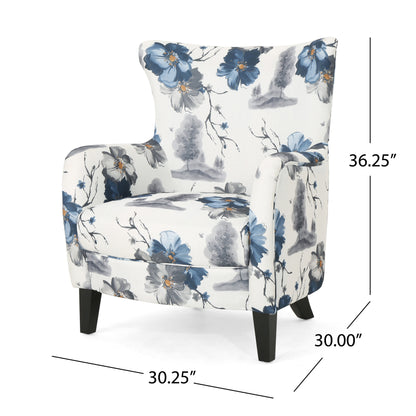 Contemporary Vintage Print Fabric Upholstered Club Chair, White & Blue Patterned Armchair, Stylish and Comfortable Addition to Your Living Space