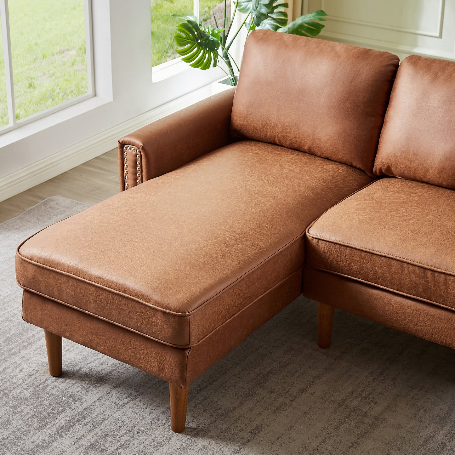 82.2"L-Shape Sofa Couch with Chais Mid-Century Copper Nail on Arms,strong wooden leg and suede fabric design that will complement any living space.Left Chaise, Brown