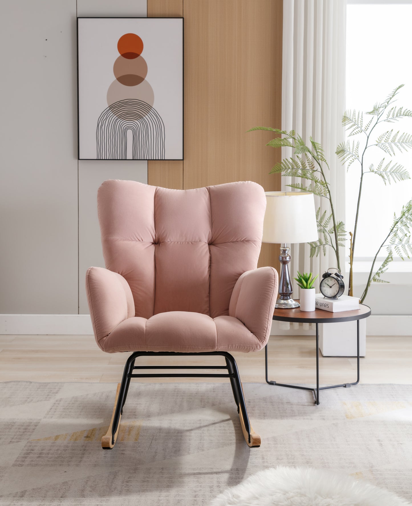 Mid Century Modern Velvet Tufted Upholstered Rocking Chair Padded Seat for Living Room Bedroom, Pink