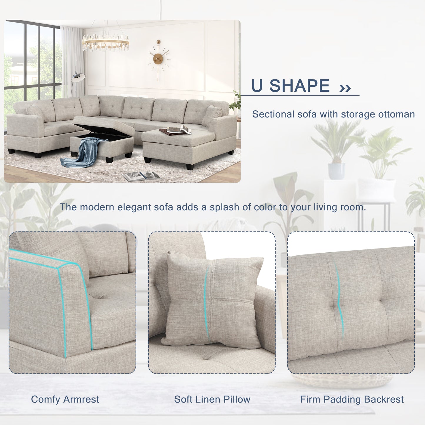 121.3" Oversized Sectional Sofa with Storage Ottoman, U Shaped Sectional Couch with 2 Throw Pillows for Large Space Dorm Apartment