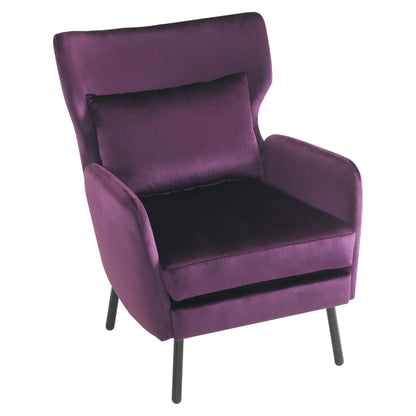 Velvet Accent Chair, Modern Living Room Armchair Comfy Upholstered Single Sofa Chair for Bedroom Dorms Reading Reception Room with Metal Legs & Pillow, Purple