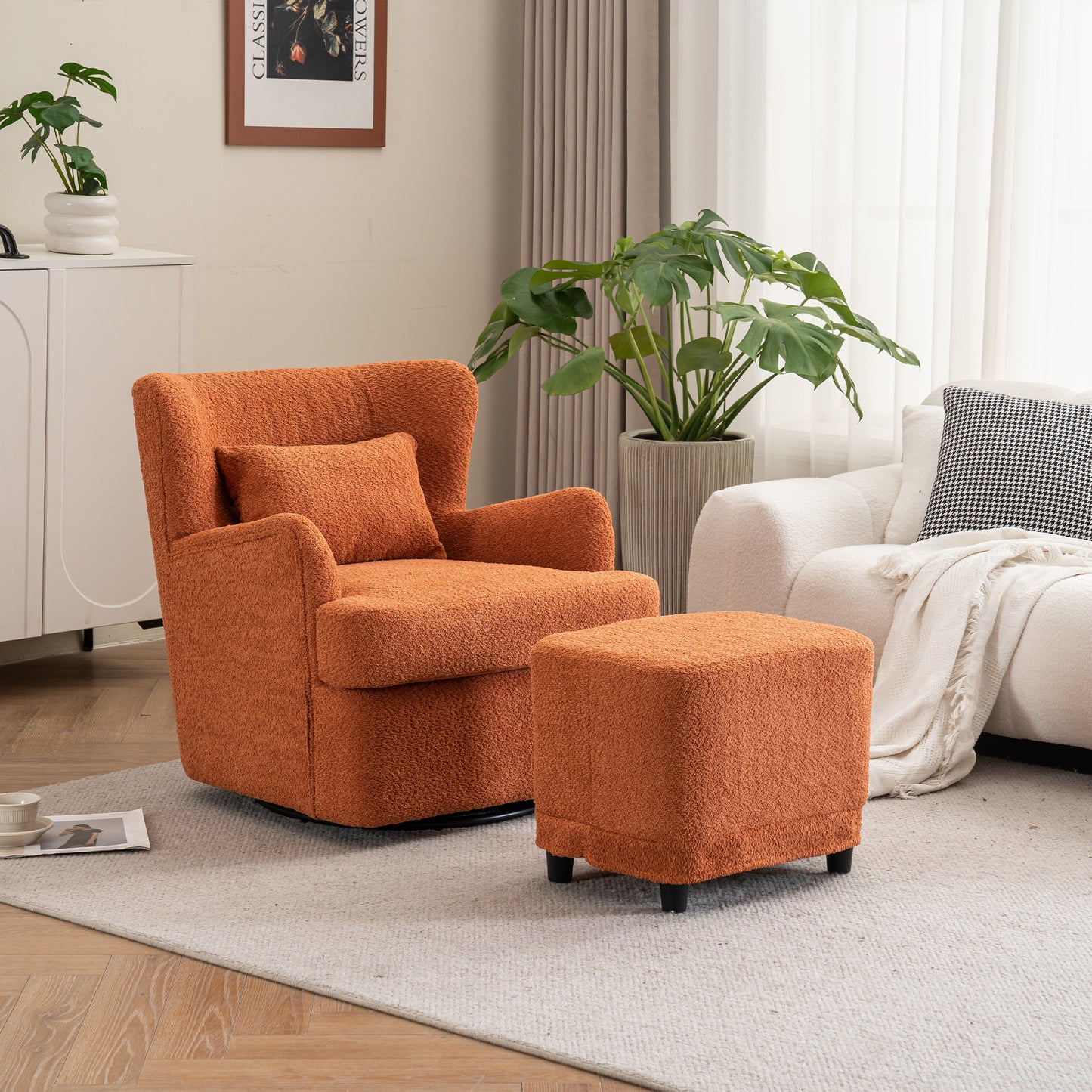 Modern Luxury Velvet Swivel Chair, 360° Swivel Comfort Round Armchair, Single Sofa Chair with Lounge Seat for Bedroom/Office/Reading Space, Set of 1,Orange