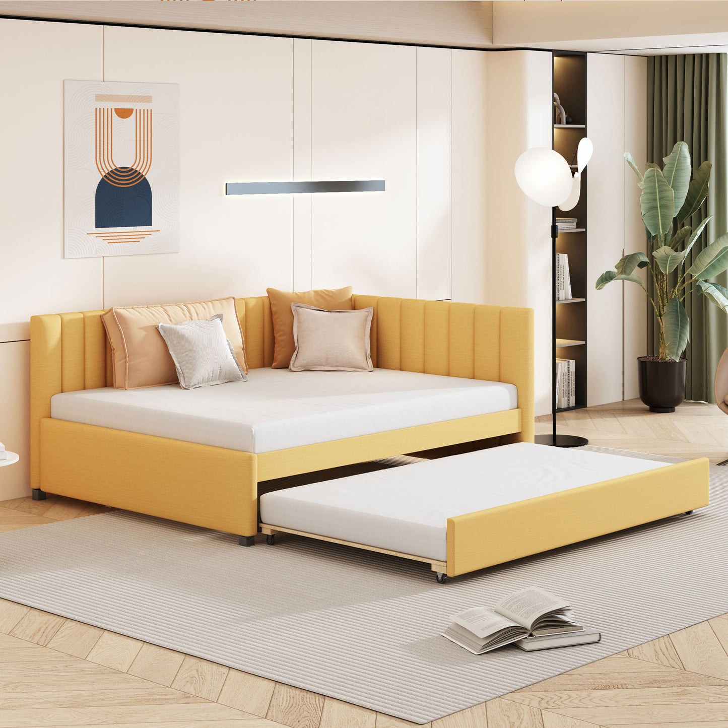 Full Size Upholstered Daybed with Trundle Sofa Bed Frame No Box Spring Needed, Linen Fabric(Yellow)