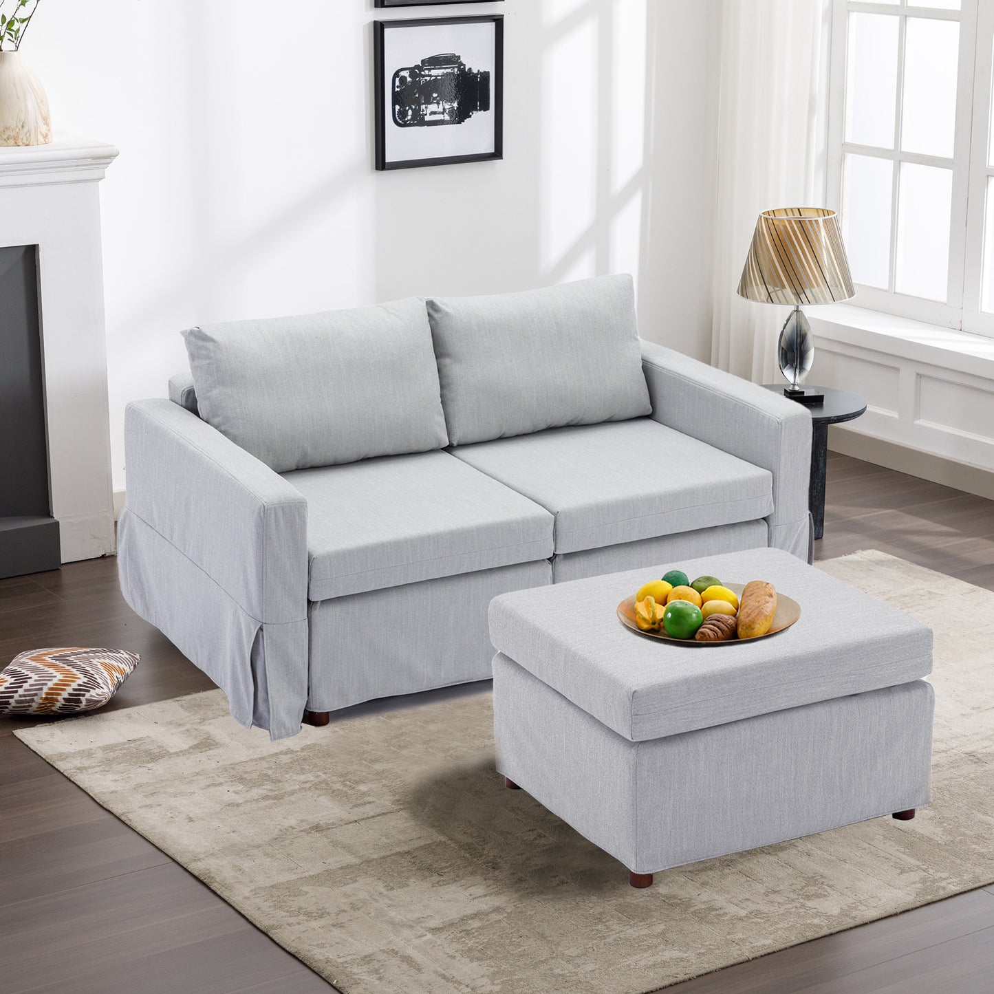 2 Seat Module Sectional Sofa Couch With 1 Ottoman,Seat Cushion and Back Cushion Removable and Washable,Light Grey