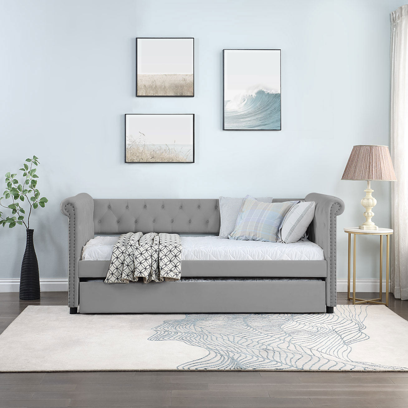 Daybed with Trundle Upholstered Tufted Sofa Bed, with Beautiful Round Armset Design, TWIN SIZE, Grey