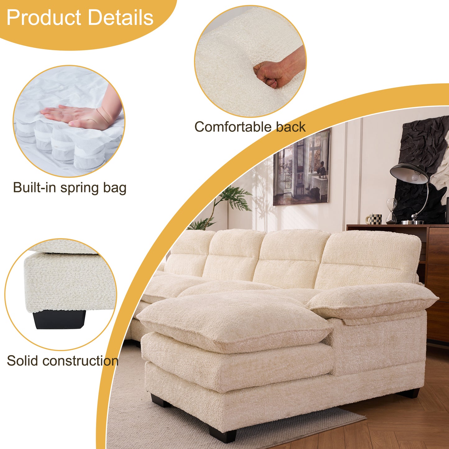 U-shaped profile sofa, including two single seats and two chaise, modular sofa, Chenille sofa,White