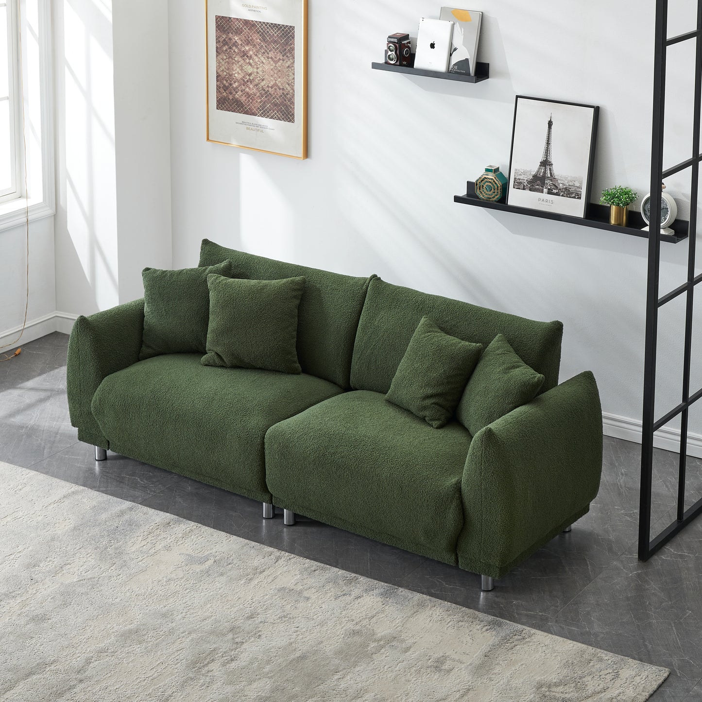 86.6 inch teddy wool black sofa with four throw pillows and hardware feet makes it comfortable to sit in an apartment bedroom without taking up space