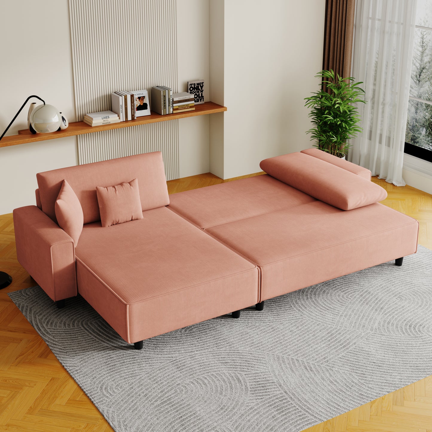 The 93-inch orange corduroy sofa bed comes with two pillows to fit in the living room and the apartment is not overcrowded