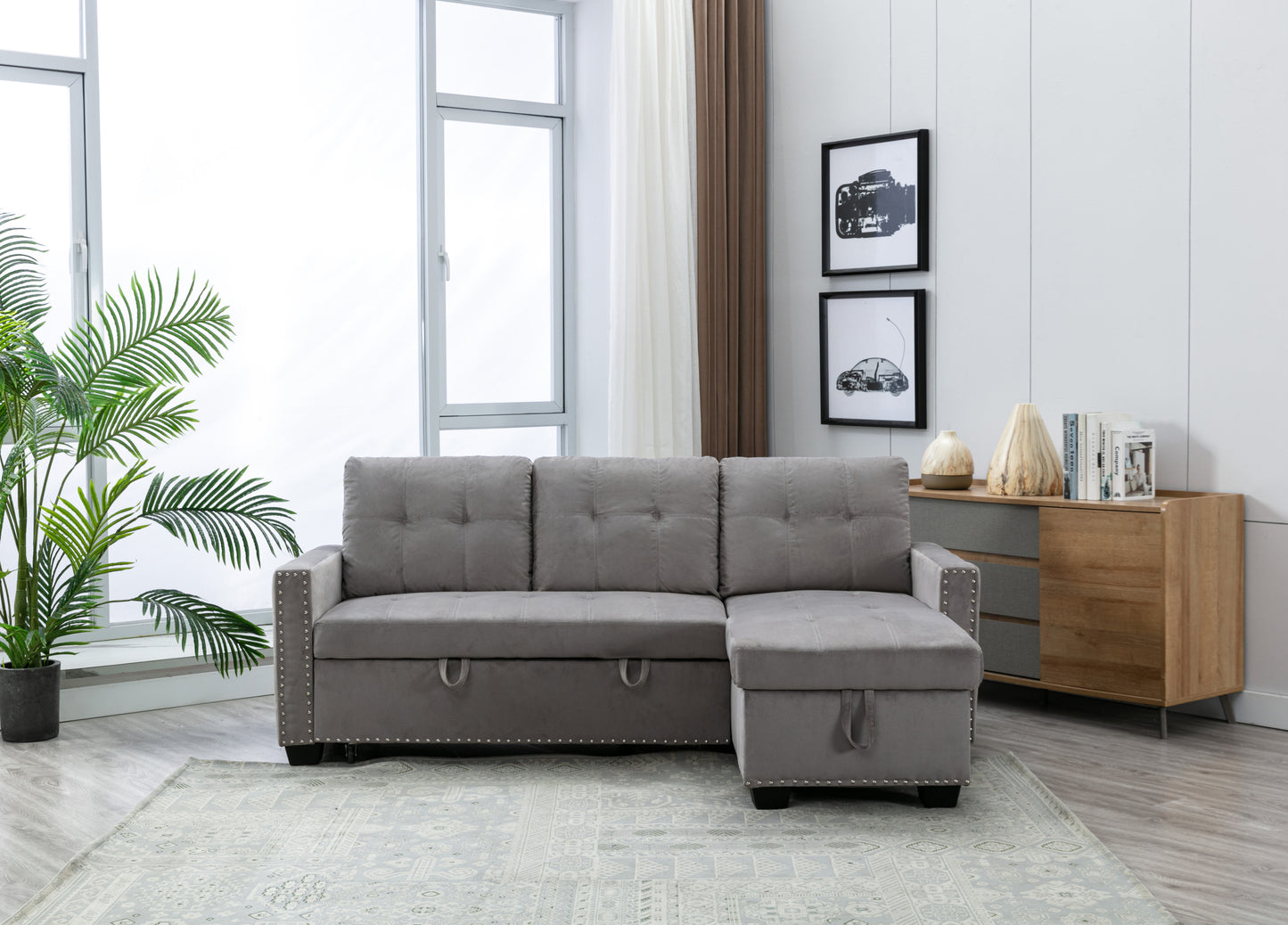 77 Inch Reversible Sectional Storage Sleeper Sofa Bed, L-Shape 2 Seat Sectional Chaise With Storage, Skin-Feeling Velvet Fabric,Light Grey Color For Living Room Furniture