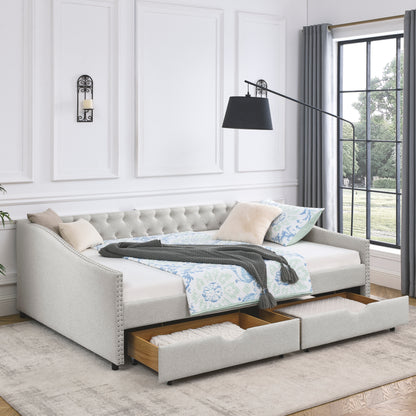 Queen Size Daybed with Drawers Upholstered Tufted Sofa Bed,,with Button on Back and Copper Nail on Waved Shape Arms, Beige (84.5"x63.5"x26.5")