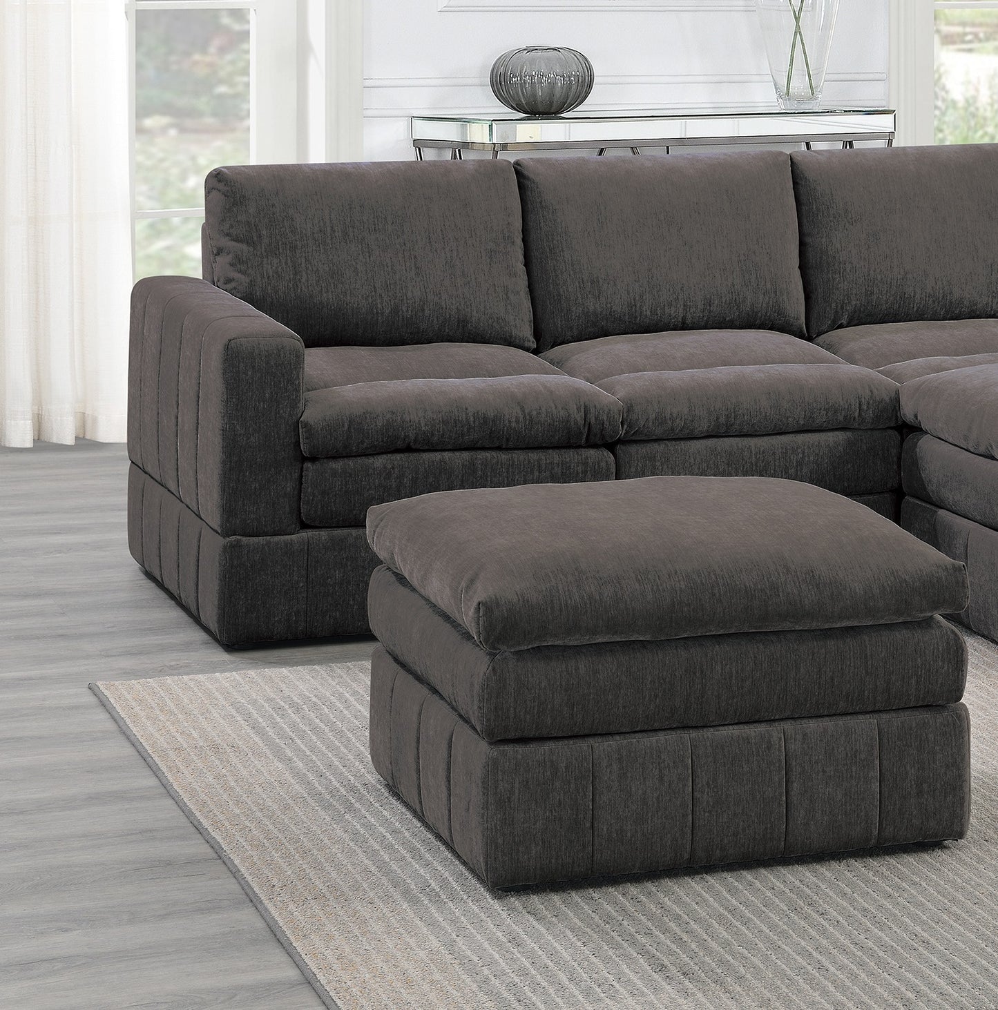 Contemporary 5pc Set Modular Corner Sectional Set 2x One Arm Chair / Wedge 1x Armless Chairs 2x Ottomans Mink Morgan Fabric Plush Living Room Furniture