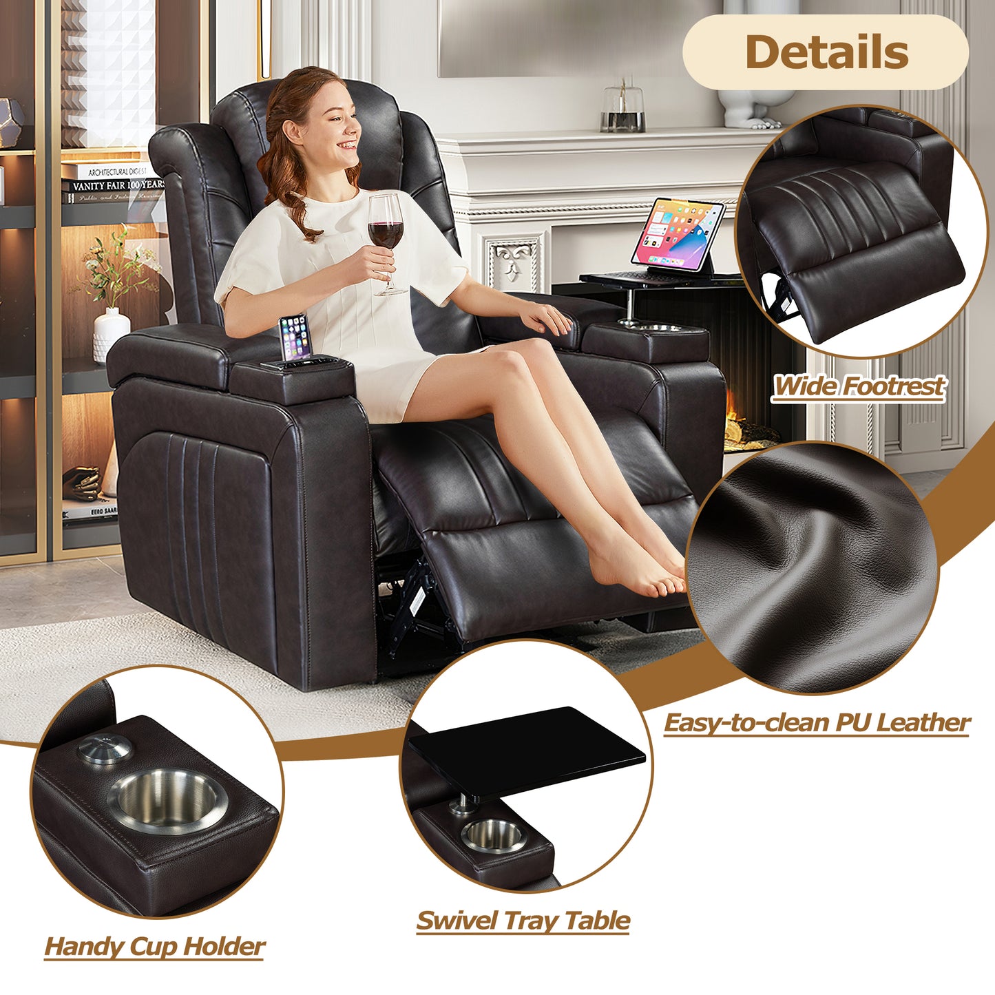 PU Leather Power Recliner Home Theater Recliner with Power Adjustable Headrest, Wireless Charging Device, USB Port, Storage Arms, Cup Holder and Swivel Tray Table for Living Room, Brown