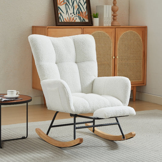 Modern Nursery Rocking Chair, Upholstered Glider Chair with High Backrest, Rocker Accent Armchair with Solid Wood Legs for Nursery Bedroom Living Room WHITE