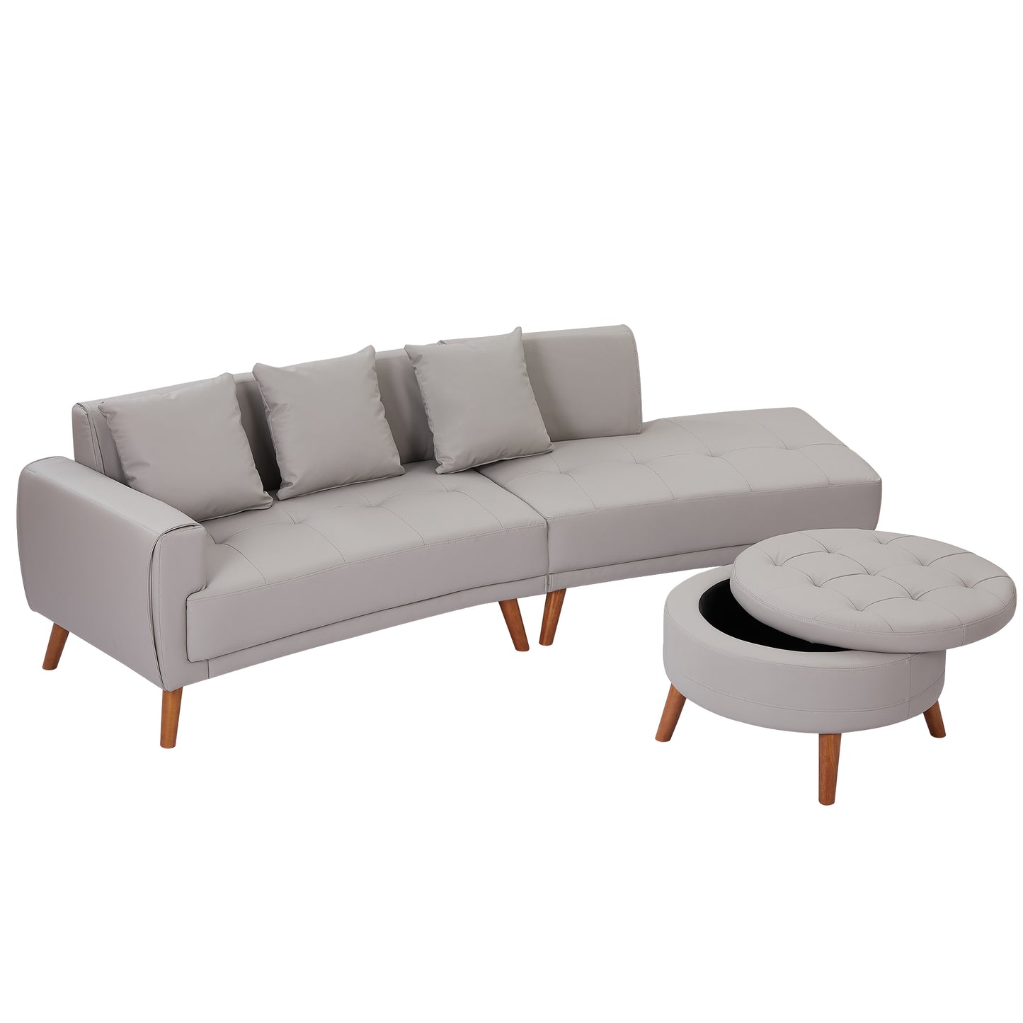 107" Contemporary Sofa Stylish Sofa Couch with a Round Storage Ottoman and Three Removable Pillows for Living Room, Grey