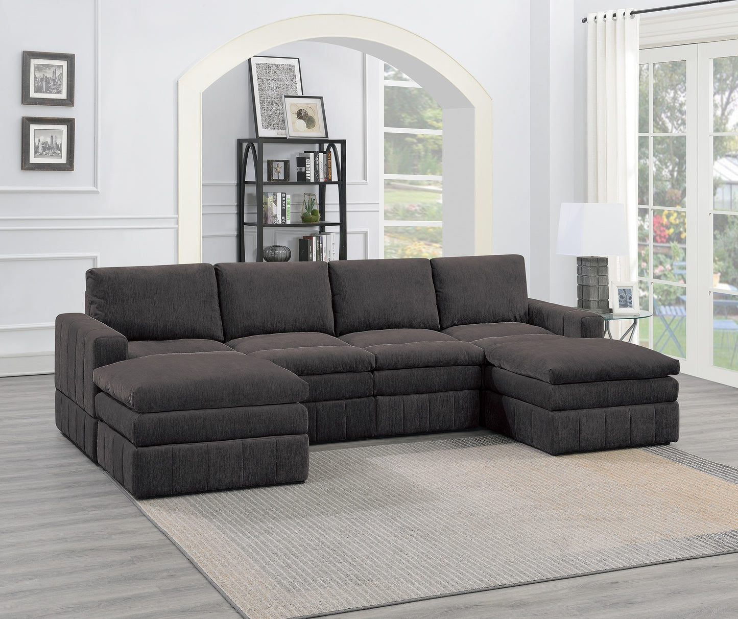 Contemporary 6pc Set Modular Sectional Set 2x One Arm Chair / Wedge 2x Armless Chairs 2x Ottomans Mink Morgan Fabric Plush Living Room Furniture