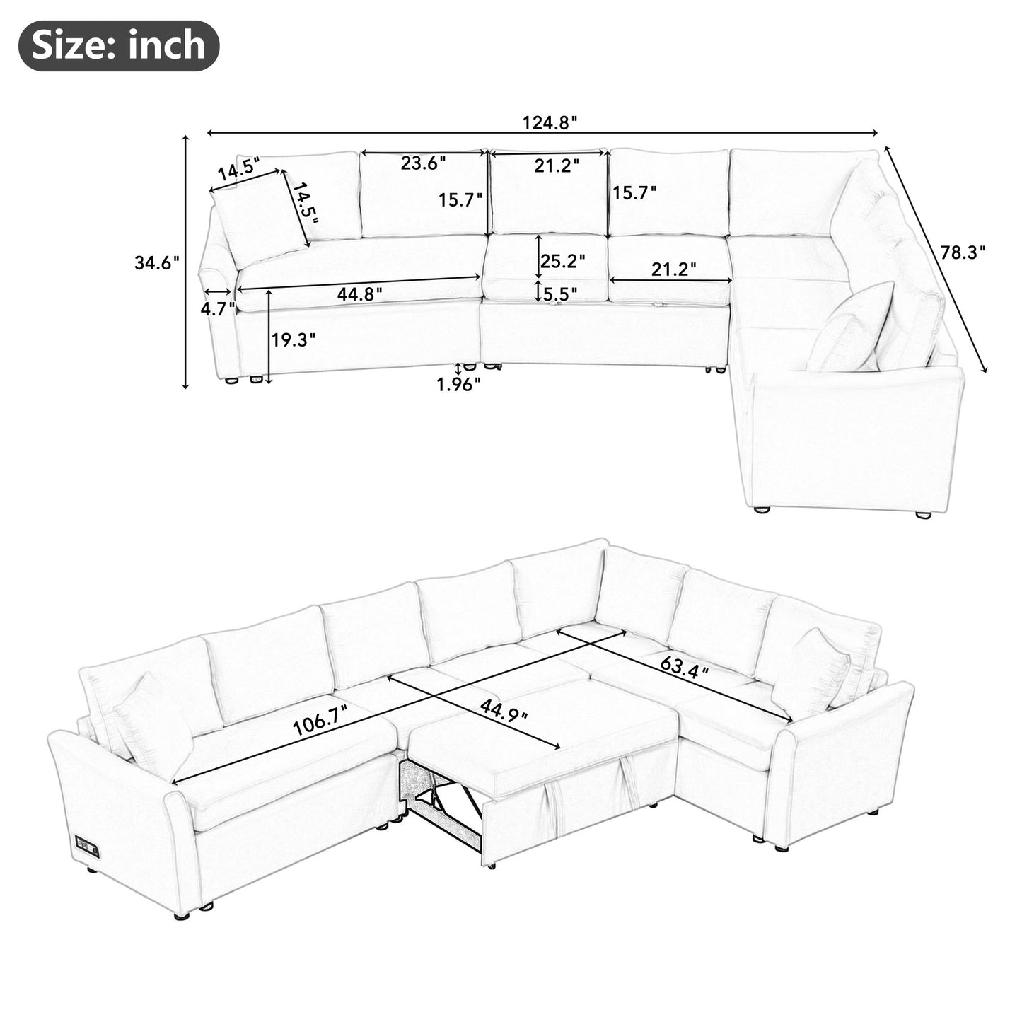 124.8"L-shaped Sofa Convertible Sofa Bed Pull Out Sofa Sleeper with Two Back Pillows, Two USB Ports and Two Power Sockets for Living Room, Beige