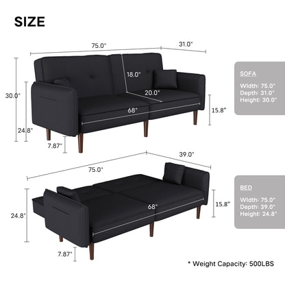 Convertible Sofa Bed with Wood Legs in Cotton Linen Fabric(Black)