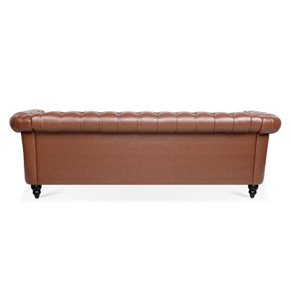 84.65"BROWN PU Rolled Arm Chesterfield Three Seater Sofa.