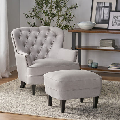 Contemporary Light Grey Fabric Club Chair and Ottoman Set, Stylish Upholstered Armchair with Matching Ottoman, Ideal for Modern Living Room Comfort and Style