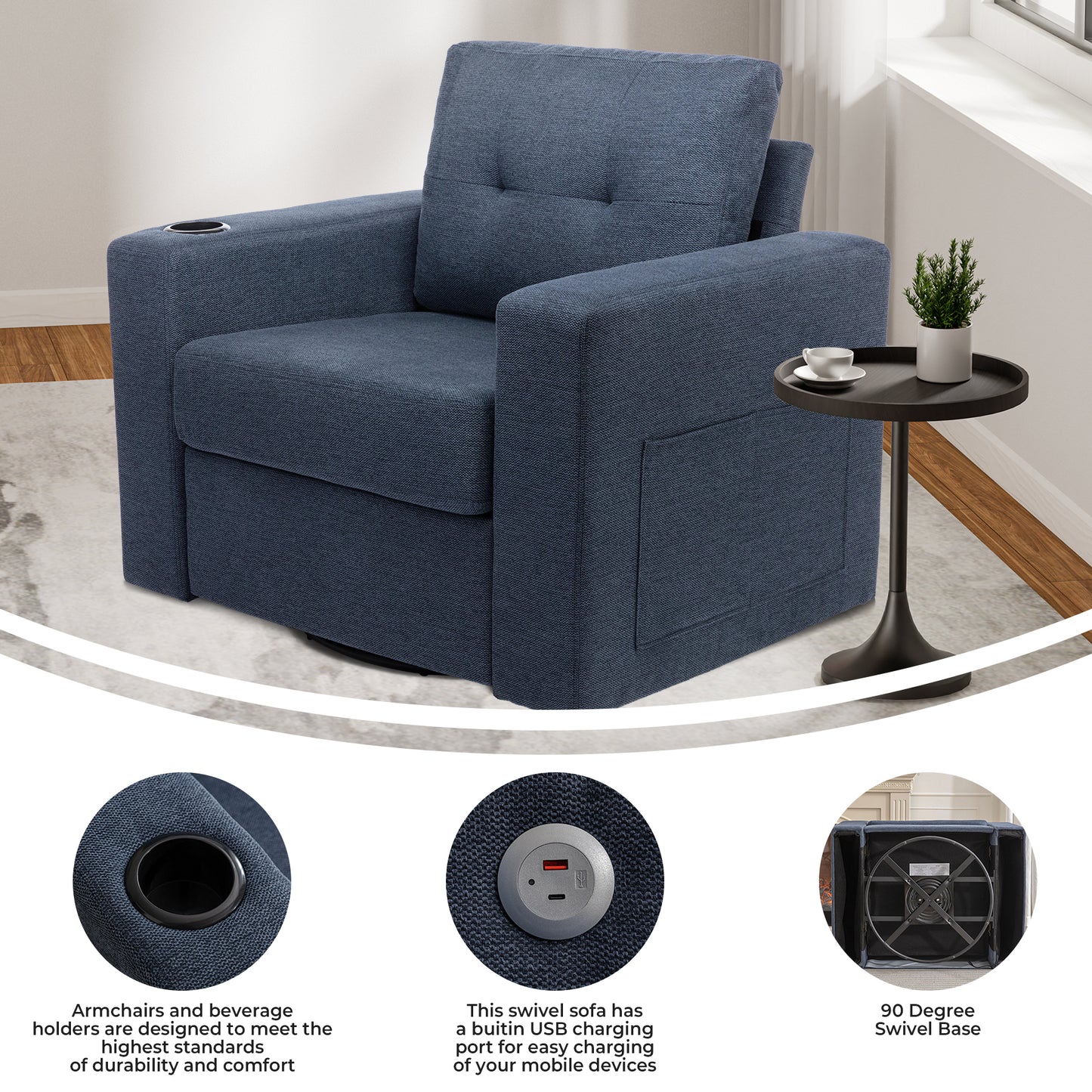 Modern Swivel Accent Sofa Chair, Ergonomic Casual 90 Degree Swivel Single Sofa Seat with Drink Holder Living Room Chair,Soft Egyptian Velvet Sofa Chair