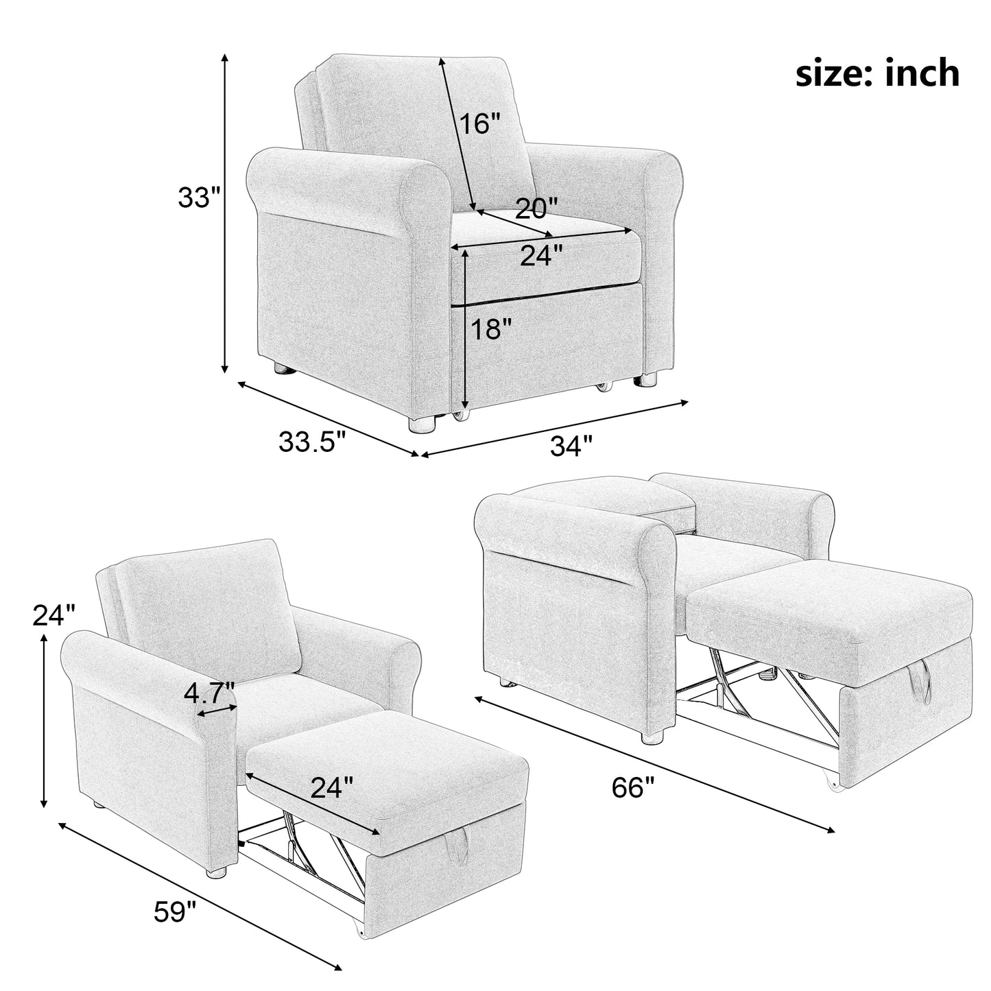 3-in-1 Sofa Bed Chair, Convertible Sleeper Chair Bed,Adjust Backrest Into a Sofa,Lounger Chair,Single Bed,Modern Chair Bed Sleeper for Adults,White(Old sku:WF301161AAB)