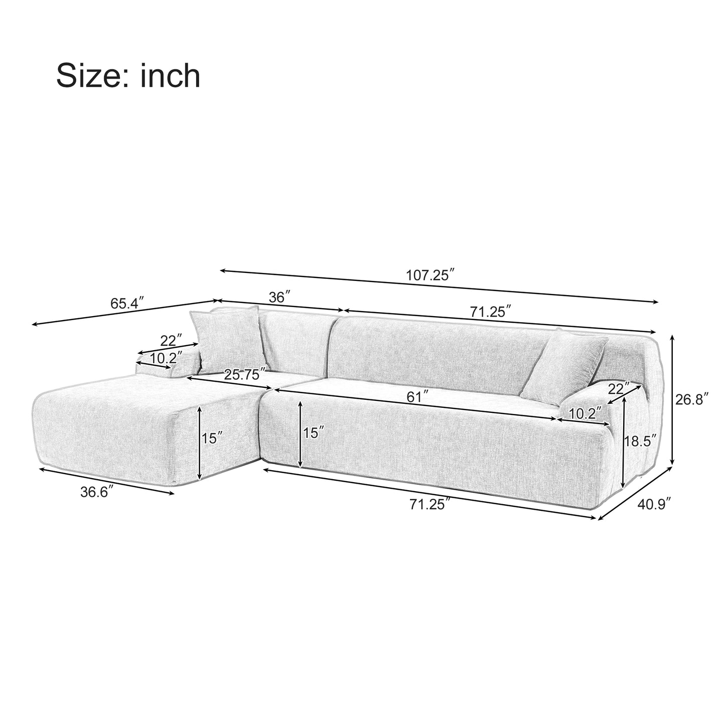 U_Style Modern Large L-Shape Modular Sectional Sofa for Living Room, Bedroom, Salon, 2 Piece Free Combination, Simplified Style