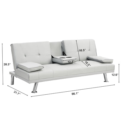 Sofa Bed with Armrest two holders WOOD FRAME, STAINLESS LEG, FUTON WHITE PVC