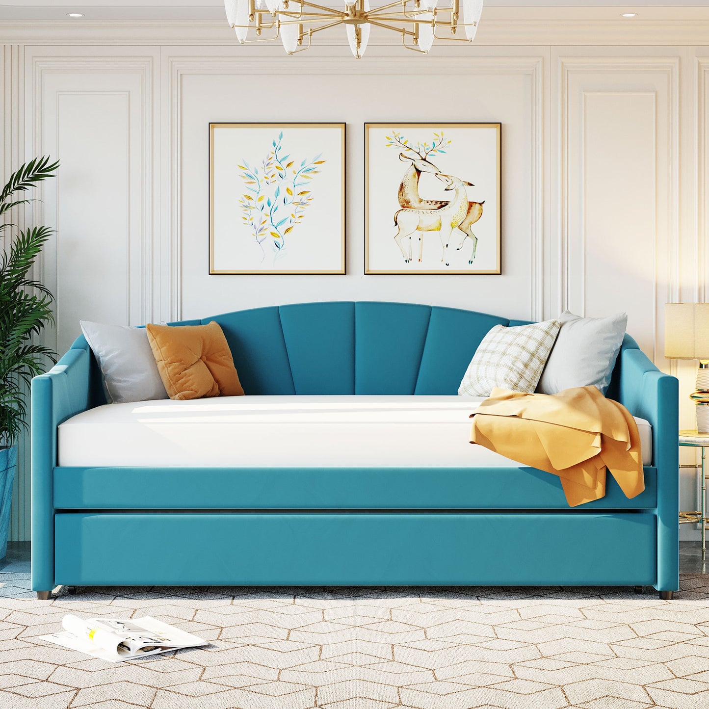 Upholstered Daybed Sofa Bed Twin Size With Trundle Bed and Wood Slat,Blue