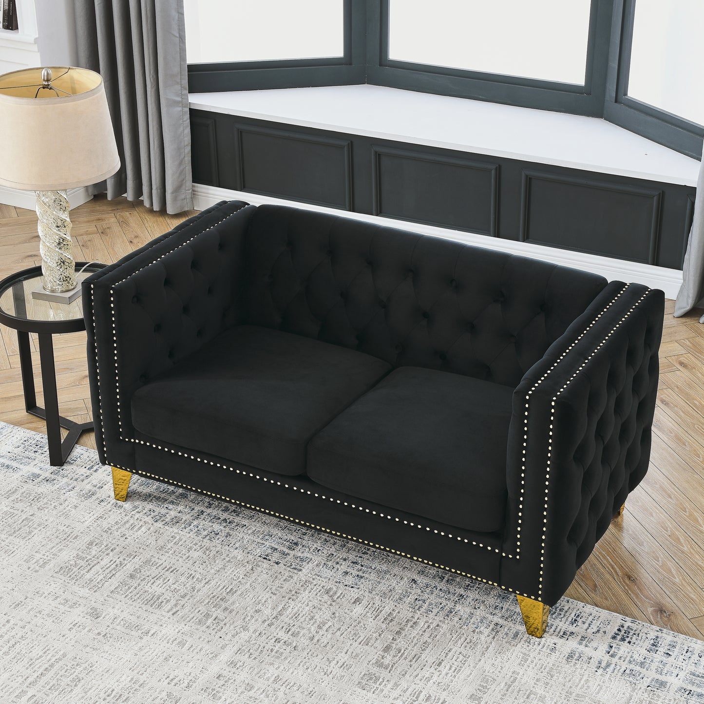 Velvet Sofa for Living Room,Buttons Tufted Square Arm Couch, Modern Couch Upholstered Button and Metal Legs, Sofa Couch for Bedroom, Black Velvet-2S