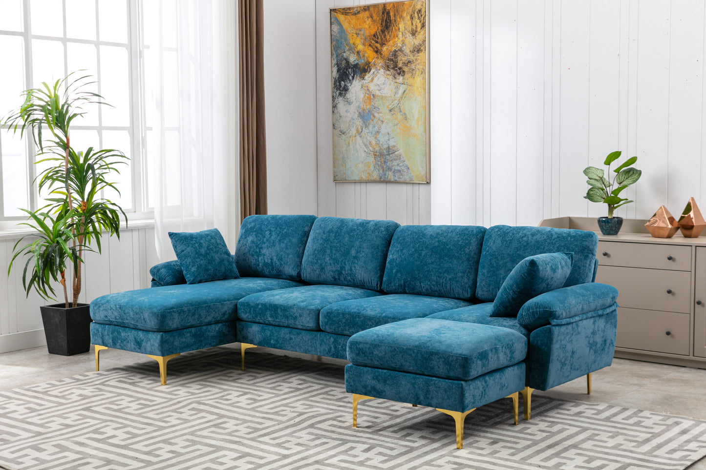 U-shape sectional sofa with Ottoman, Reversible Sofa Couch for Living Room,Spacious Furniture,Durable Couch Removable and machine washable cover (Light Blue Velvet)