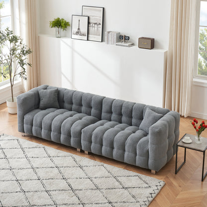 102-inch gray teddy velvet sofa with two throw pillows in living room Bedroom apartment sofa supported by hardware feet