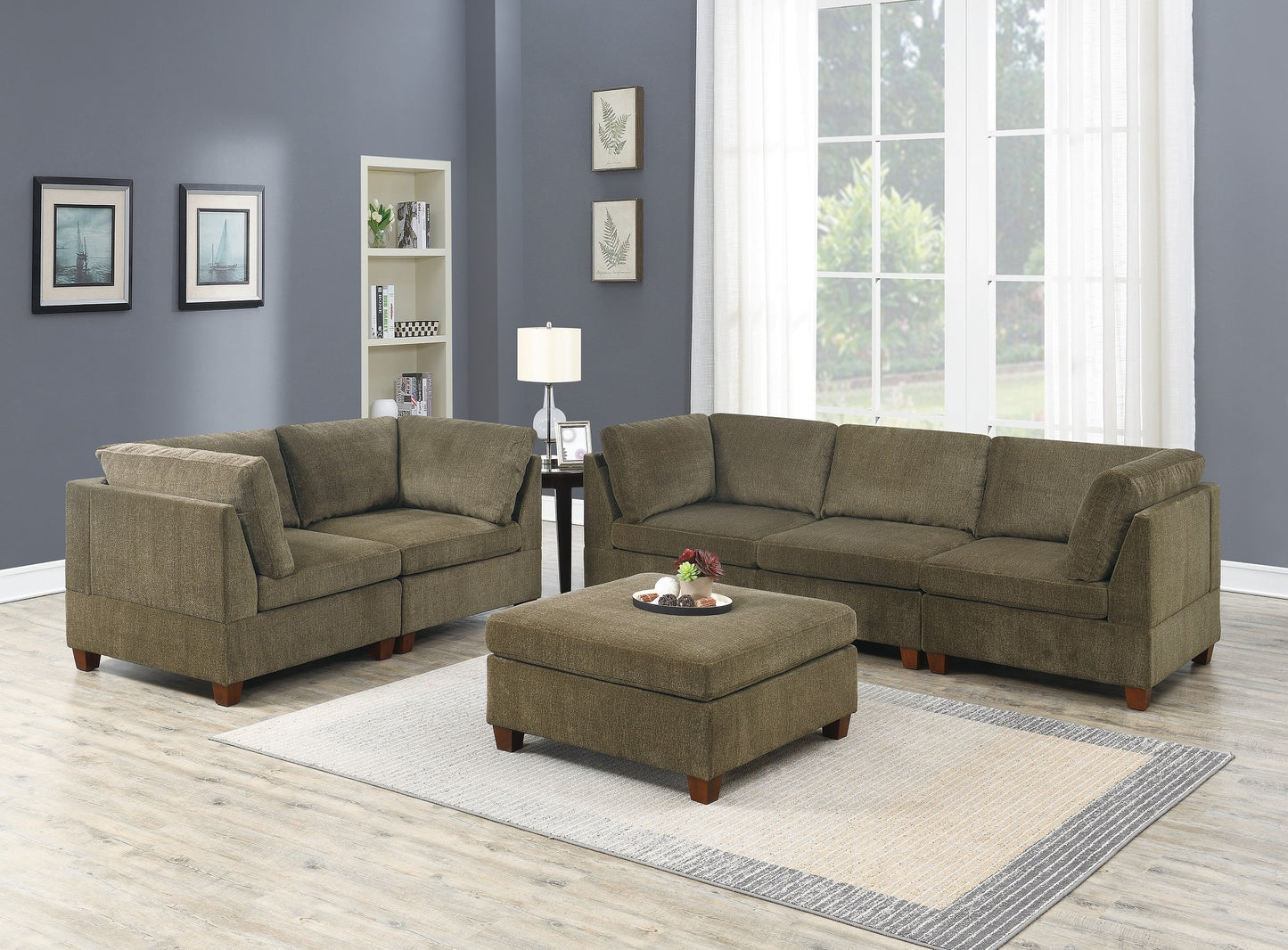 Living Room Furniture Tan Chenille Modular Sectional 6pc Set Modular Sofa Set Modern Couch 4x Corner Wedge 1x Armless Chairs and 1x Ottoman Plywood