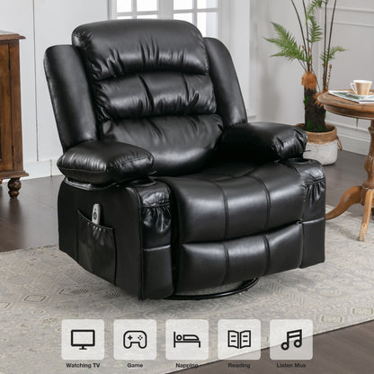 Massage Swivel Rocker Recliner Chair with Vibration Massage and Heat Ergonomic Lounge Chair for Living Room with Rocking Function and Side Pocket  2 Cup Holders USB Charge Port,black.