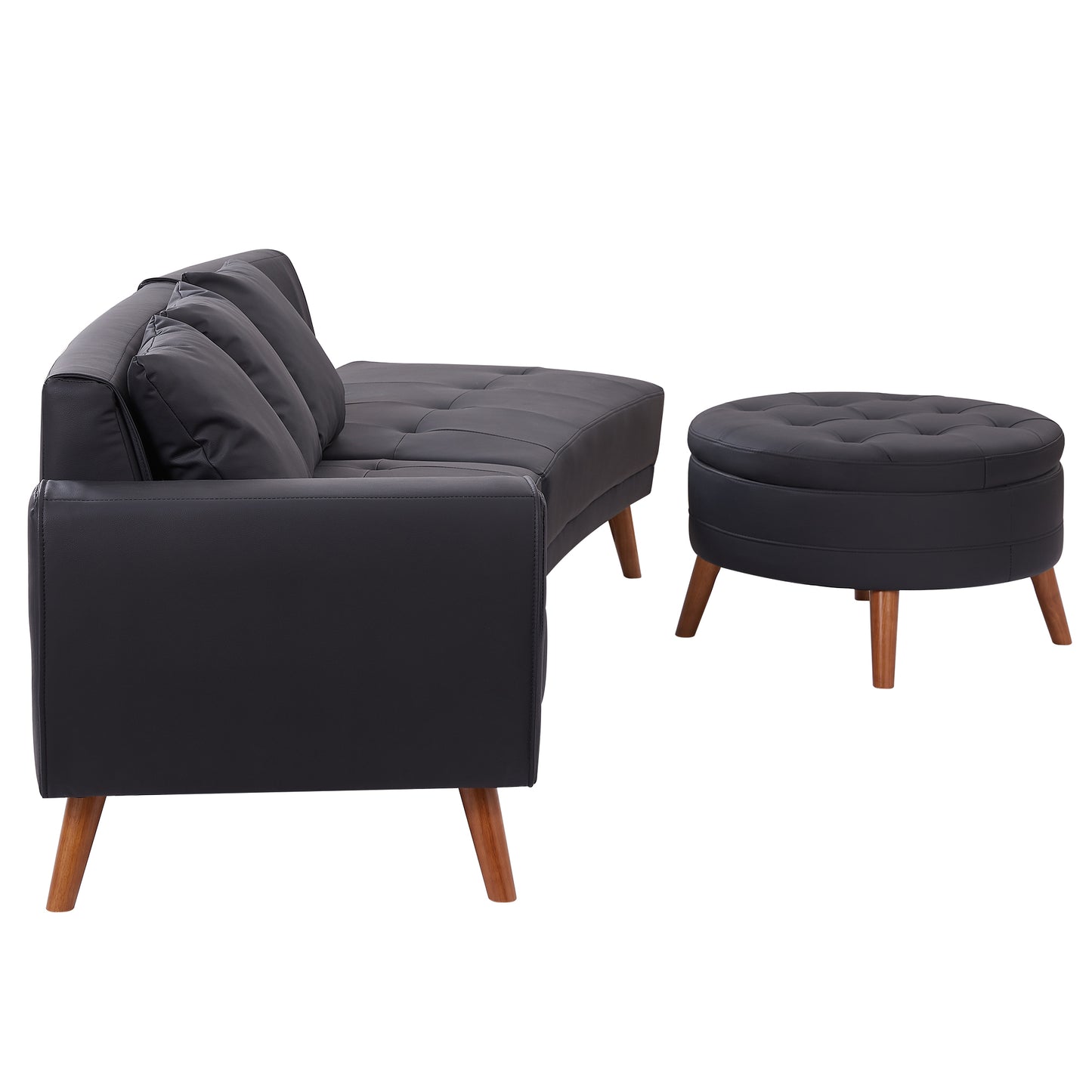 107" Contemporary Sofa Stylish Sofa Couch with a Round Storage Ottoman and Three Removable Pillows for Living Room, Black