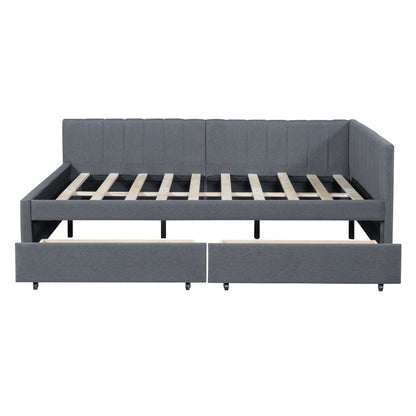 Full Size Upholstered Daybed with 2 Storage Drawers Sofa Bed Frame No Box Spring Needed, Linen Fabric (Gray)